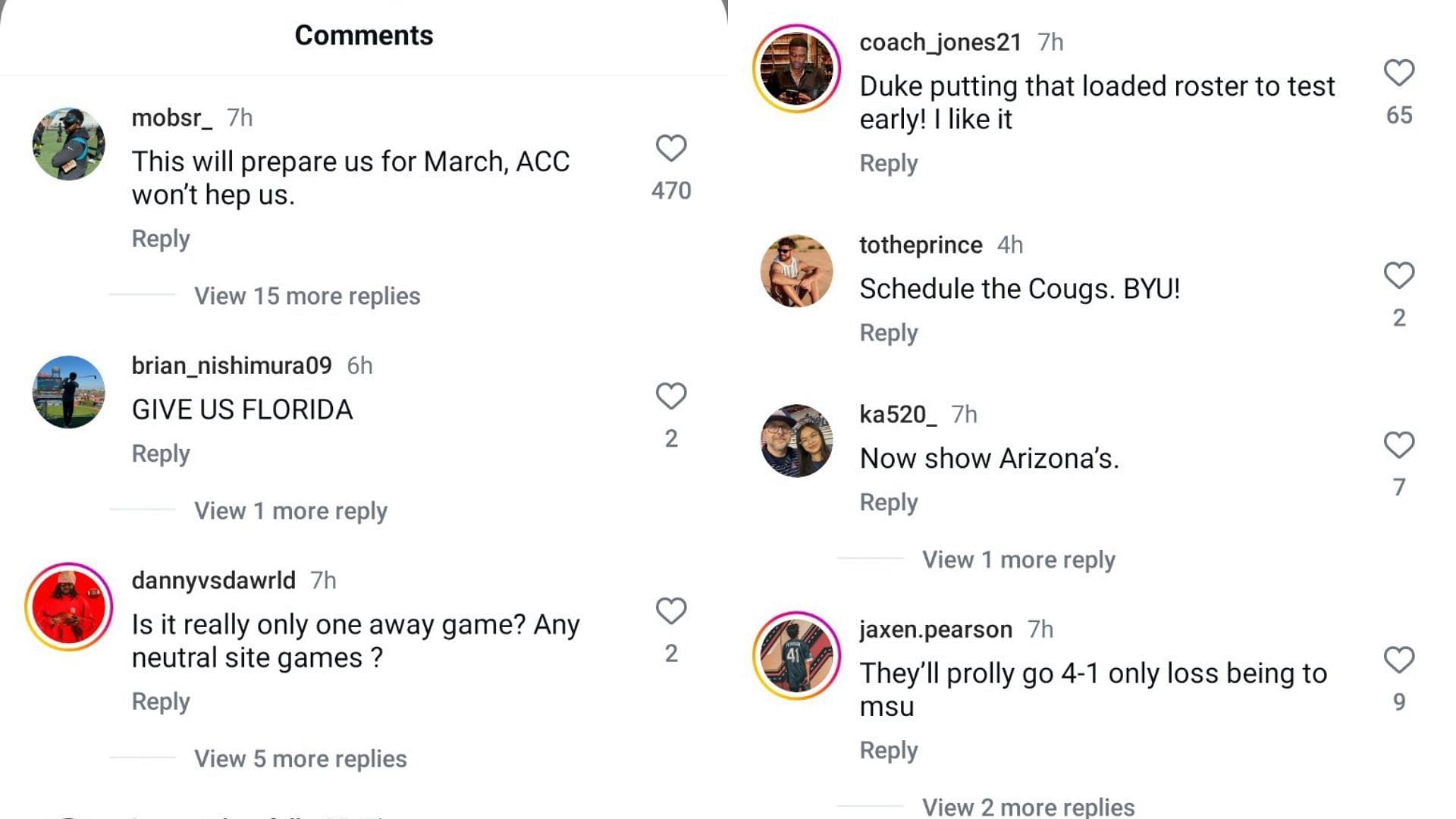 College hoops fans reacted to Duke's rumored non-conference schedule for the 2025-26 NCAA season. Source: Instagram/@br_hoops